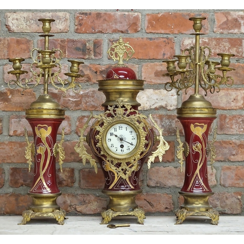 1061 - French Art Nouveau ceramic garniture mantle clock, with baluster shaped clock with twin brass handle... 