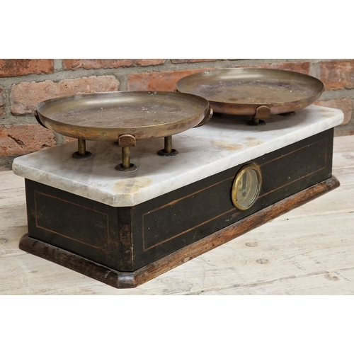 412 - Good set of 19th century French culinary scales, two copper dishes on a marble surface, pine frame w... 