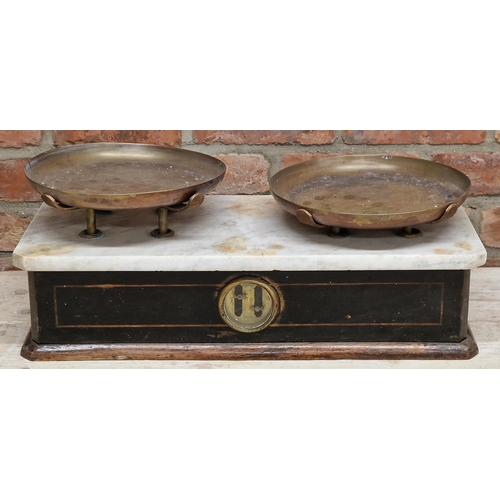 412 - Good set of 19th century French culinary scales, two copper dishes on a marble surface, pine frame w... 