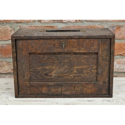 295 - Vintage wooden engineers cabinet, the locking front door enclosing four long drawers, 26 x 40cm