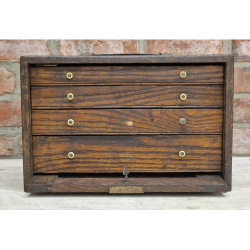 295 - Vintage wooden engineers cabinet, the locking front door enclosing four long drawers, 26 x 40cm