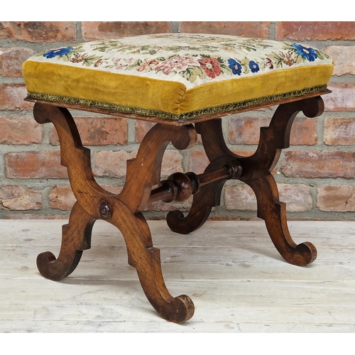 2446 - 19th century woolwork tapestry stool, the top decorated with a cross and flowers, on a mahogany X-fr... 