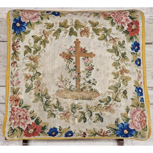 2446 - 19th century woolwork tapestry stool, the top decorated with a cross and flowers, on a mahogany X-fr... 