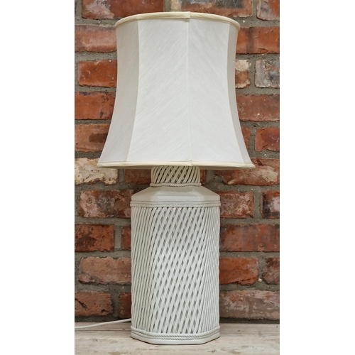 2228 - Creamware porcelain hexagonal lattice work table lamp, 72cm high including shade