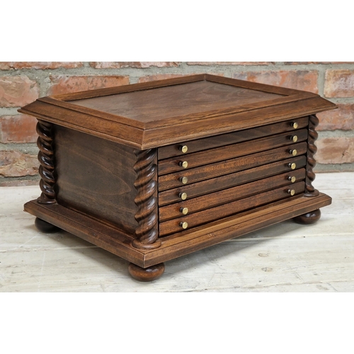 296 - Good table top coin collectors cabinet, four slim drawers with fitted interiors and deep drawer flan... 