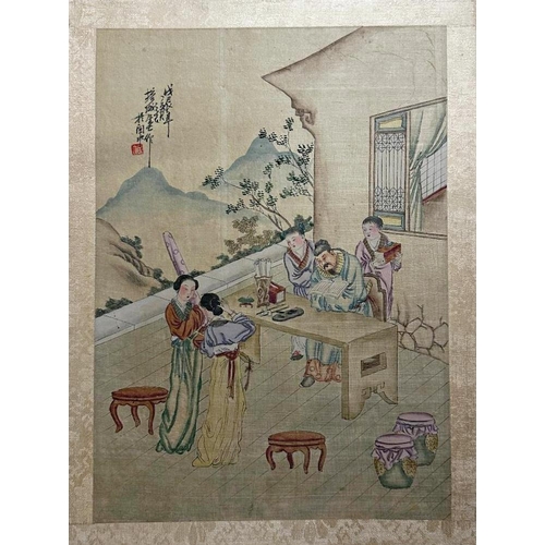 231 - Set of nine Chinese watercolours on silk, of figure in exterior scenes to include sages and royalty,... 