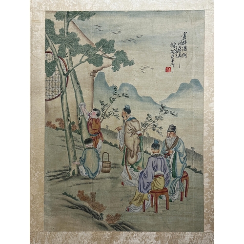 231 - Set of nine Chinese watercolours on silk, of figure in exterior scenes to include sages and royalty,... 