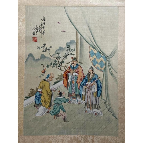 231 - Set of nine Chinese watercolours on silk, of figure in exterior scenes to include sages and royalty,... 