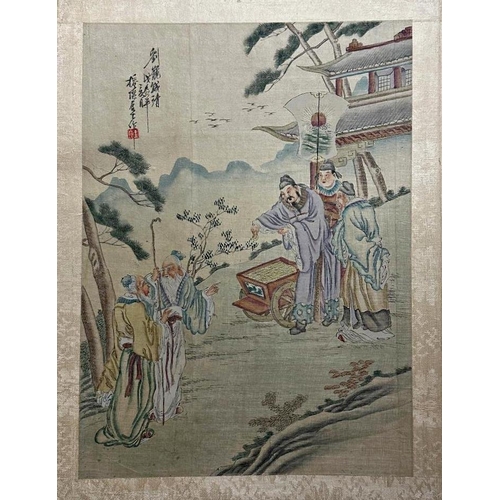 231 - Set of nine Chinese watercolours on silk, of figure in exterior scenes to include sages and royalty,... 