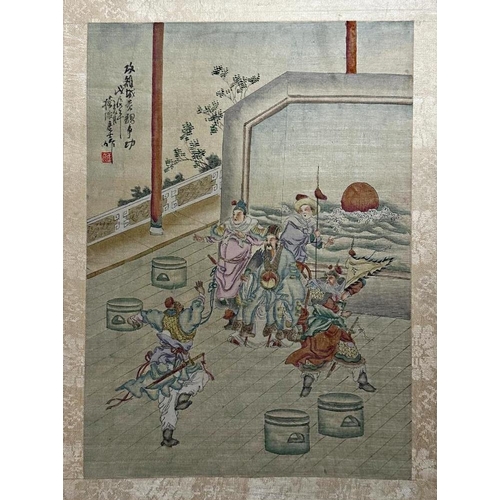 231 - Set of nine Chinese watercolours on silk, of figure in exterior scenes to include sages and royalty,... 