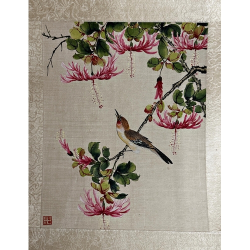 233 - Eleven various Chinese watercolours on silk of birds amidst foliage, mostly with red seal mark, vari... 