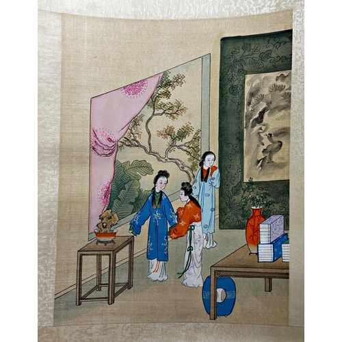 234 - Set of four Chinese watercolours on silk of Geisha girls with a further set of four of a tiger (8)