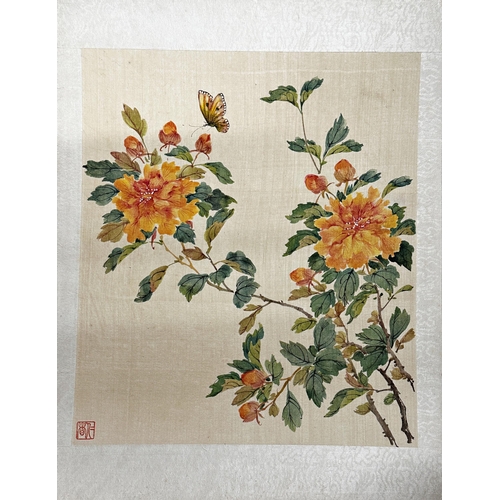 235 - Set of five Chinese watercolours on silk of birds or insect amidst flowers, by the same hand, with r... 