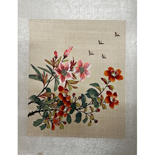 235 - Set of five Chinese watercolours on silk of birds or insect amidst flowers, by the same hand, with r... 