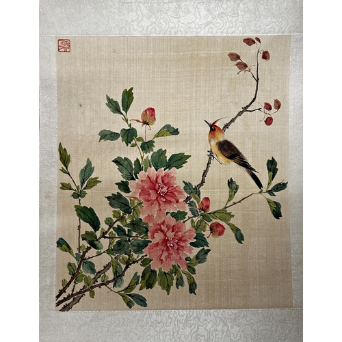 235 - Set of five Chinese watercolours on silk of birds or insect amidst flowers, by the same hand, with r... 