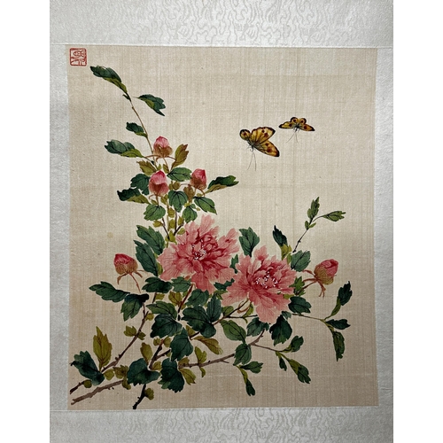 235 - Set of five Chinese watercolours on silk of birds or insect amidst flowers, by the same hand, with r... 