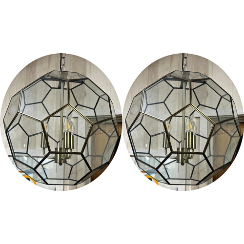 2220 - Good quality pair of brass framed glass honeycomb hall lights, 44cm high (not including chain and fi... 