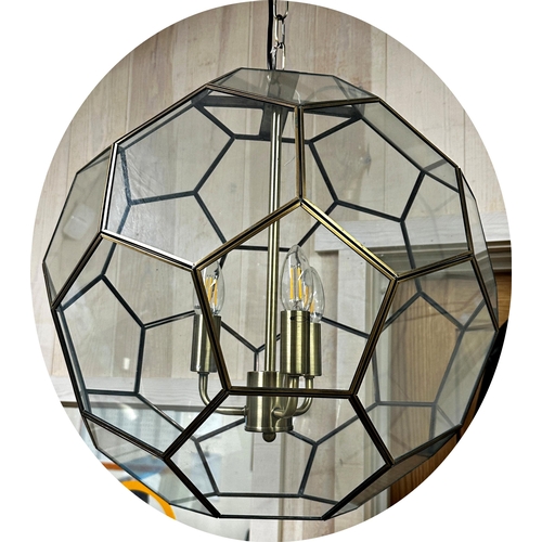 2220 - Good quality pair of brass framed glass honeycomb hall lights, 44cm high (not including chain and fi... 