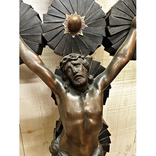 294 - Unusual continental balsa wood crucifix, with bronze spelter Christ, and skull and crossbones, 82cm ... 