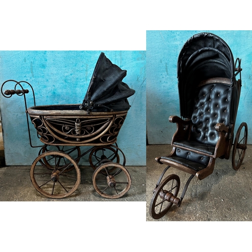 2457 - Two Victorian dolls prams with studded leather upholstery (2)