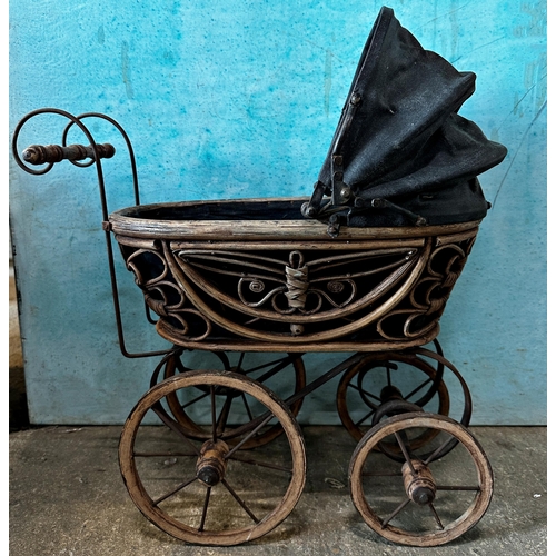 2457 - Two Victorian dolls prams with studded leather upholstery (2)