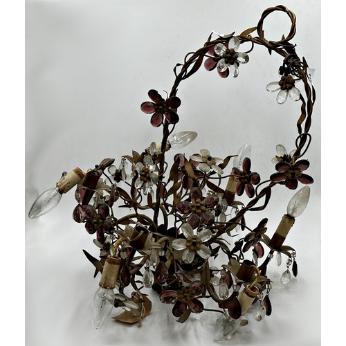 2196 - Good antique French six branch electrolier, applied with glass flowers and prismatic drops, 61cm hig... 