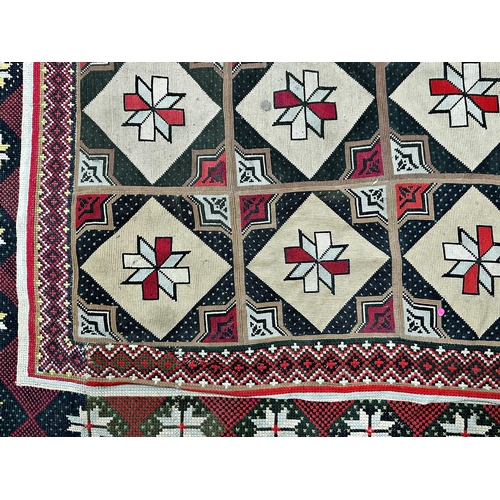 467 - Good quality Sumac type hand stitched runner, geometric medallion decoration, 265 x 110cm