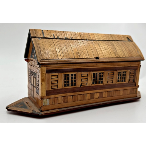 272 - Good novelty antique straw work box in the form of Noahs Ark, 13cm high x 27cm long