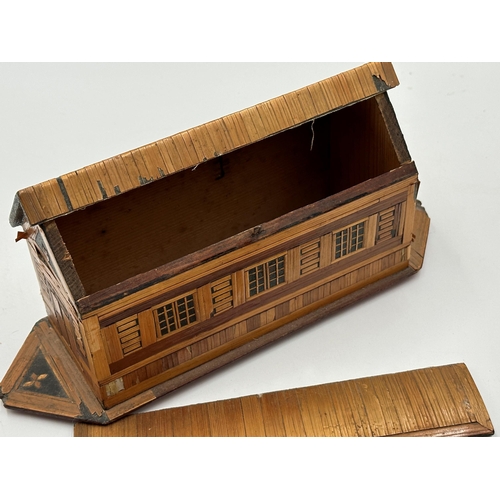 272 - Good novelty antique straw work box in the form of Noahs Ark, 13cm high x 27cm long