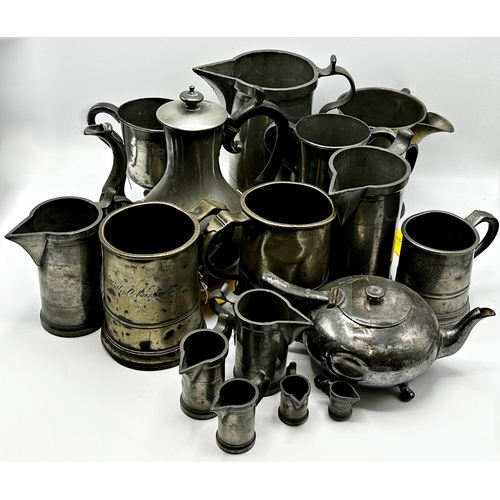 330 - Collection of antique pewter to include Victorian quart jug, three tankards, coffee pot and graduate... 