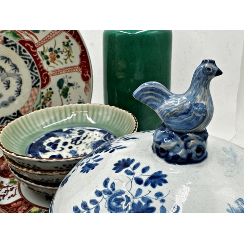 222 - Mixed porcelain comprising set of five Chinese plates in the Kutani manner, charger, three blue and ... 