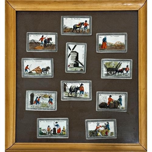 2468 - Two framed sets of 24 hand coloured French playing cards, each 7.5 x 11cm, the frame interior 49 x 4... 