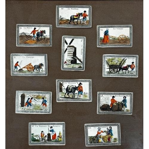 2468 - Two framed sets of 24 hand coloured French playing cards, each 7.5 x 11cm, the frame interior 49 x 4... 