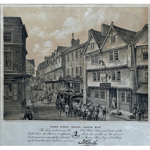 2469 - Hall and Stott Bros - Hall end, Crown Street Halifax, street scenes above text, two lithograph print... 