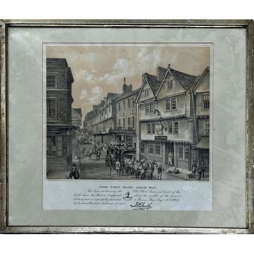 2469 - Hall and Stott Bros - Hall end, Crown Street Halifax, street scenes above text, two lithograph print... 