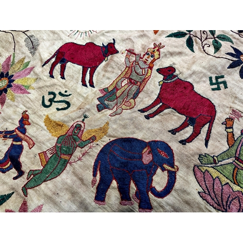 466 - Exceptional Indian 19th century embroidered hanging or portiere, arched form depicting gods, cattle ... 