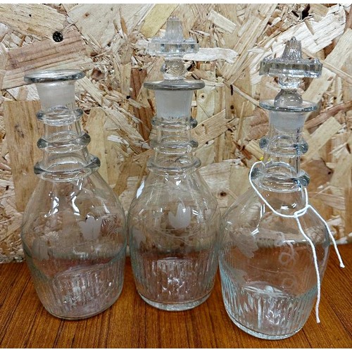 167 - Pair of good quality hob-nail cut glass tapered decanters, with stoppers 24cm high together with a f... 