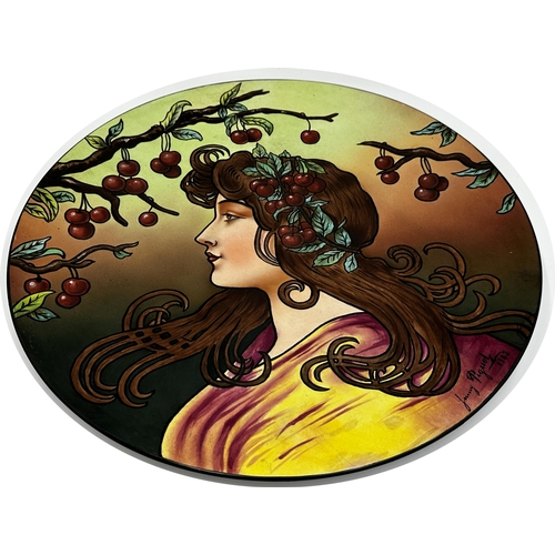 2172 - Good large Art Nouveau porcelain charger, hand painted with the bust of a young lady amidst ripe che... 