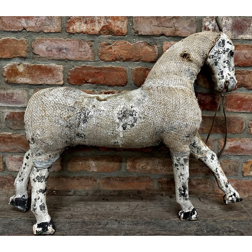 2282 - Continental Folk Art large toy horse, painted dapple grey wooden head and legs and sack cloth constr... 