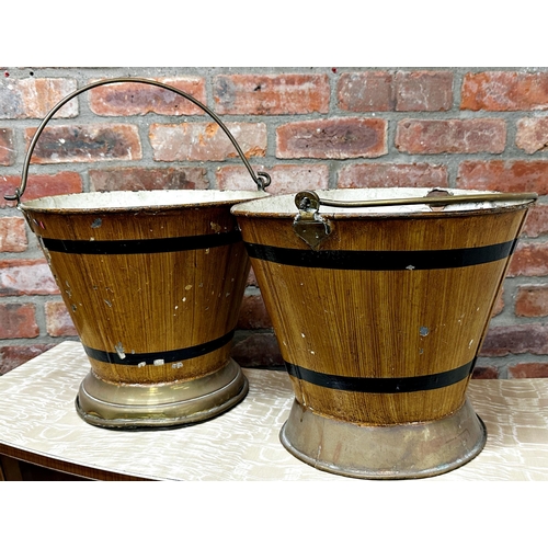 2371 - Pair of 19th century toleware buckets with simulated coopered decoration upon brass plinth base, 31c... 