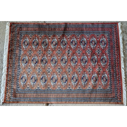 1411 - Good quality silk blend Bokhara carpet, red ground, L 231cm x W169cm