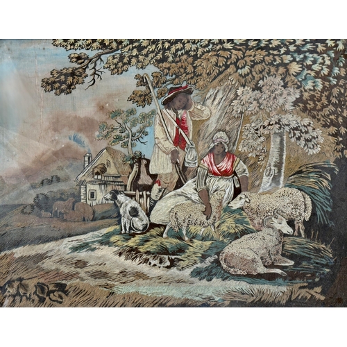 1412 - Good 19th century needlepoint picture of shepherd under a tree, 50 x 66cm, gilt frame