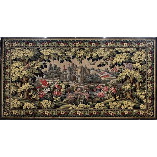 1413 - Large Belgian woolwork tapestry panel, medieval castle with birds, trees and foliage, 108 x 205cm