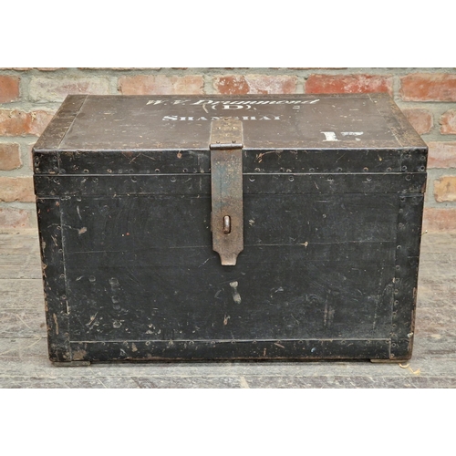 2424 - Antique metal bound zinc lined travel trunk signed 'W.V.Drummond (D) Shanghai' to top, labelled 'Arm... 