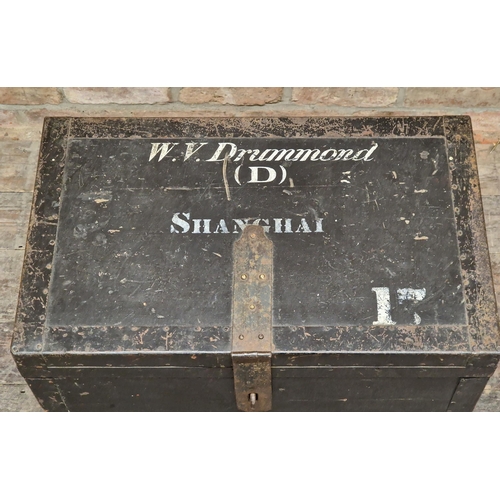 2424 - Antique metal bound zinc lined travel trunk signed 'W.V.Drummond (D) Shanghai' to top, labelled 'Arm... 