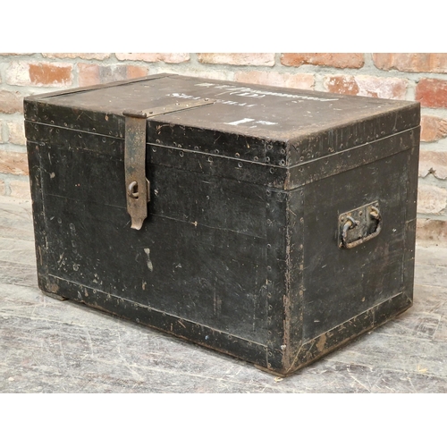 2424 - Antique metal bound zinc lined travel trunk signed 'W.V.Drummond (D) Shanghai' to top, labelled 'Arm... 