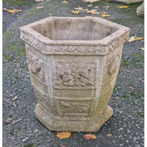 1003 - Pair of reconstituted Sandford stone octagonal planters with floral decoration, H 30cm x W 53cm, tog... 