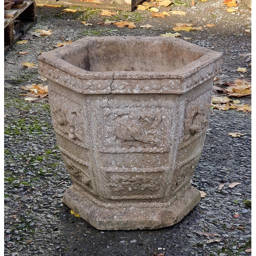 1003 - Pair of reconstituted Sandford stone octagonal planters with floral decoration, H 30cm x W 53cm, tog... 