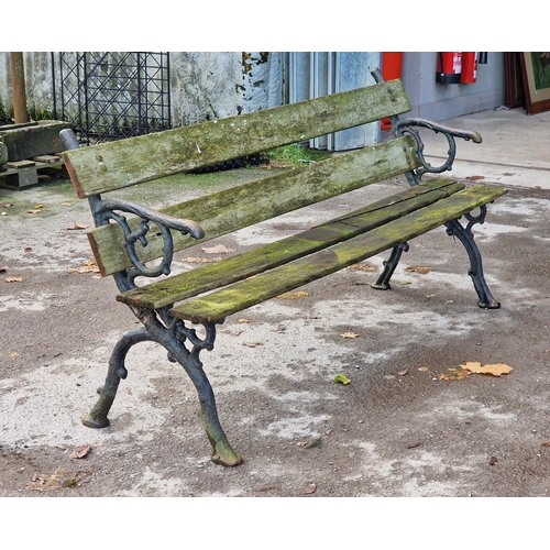 1007 - Cast iron twig end garden bench with wooden slats, H 79cm x W 167.5cm x D 52cm