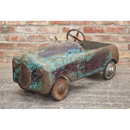 275 - Vintage mid century tin plate child's pedal car with working wheels, H 50cm x W 95cm x D 43cm